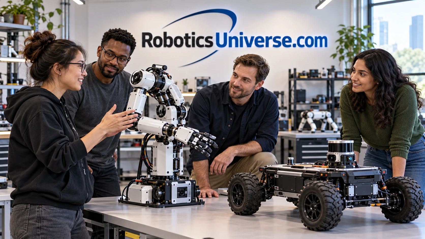 Adult robotics builders gathering around working projects at an exhibition