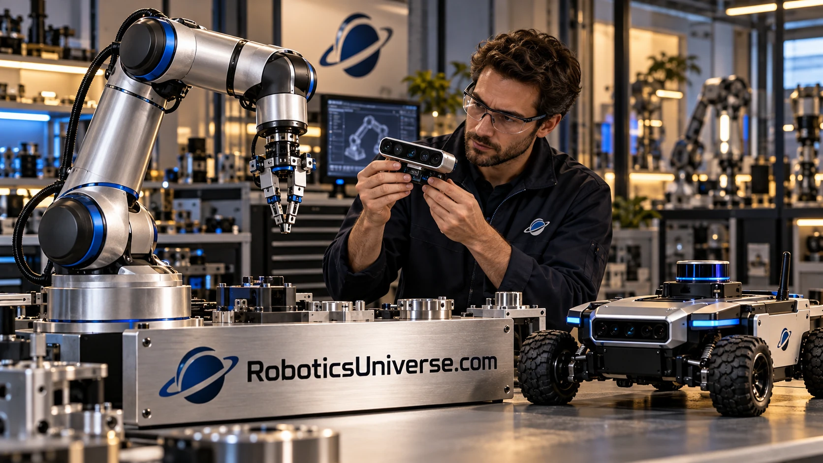 Robotics builders at work in a contemporary robotics laboratory