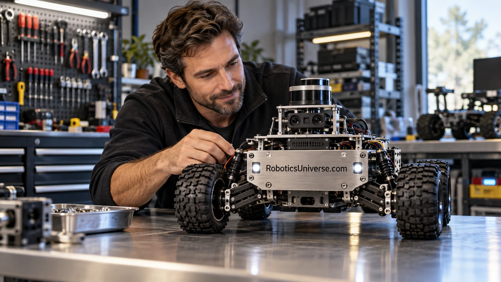 A builder working carefully on a robot in a modern workshop